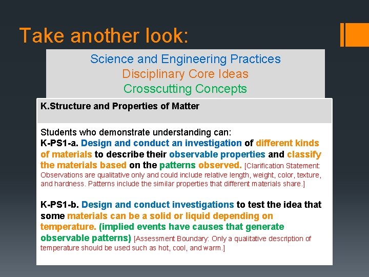 Take another look: Science and Engineering Practices Disciplinary Core Ideas Crosscutting Concepts K. Structure Take another look: Science and Engineering Practices Disciplinary Core Ideas Crosscutting Concepts K. Structure