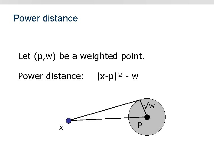 Power distance Let (p, w) be a weighted point. Power distance: |x-p|² - w