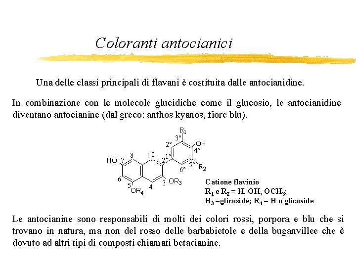 Coloranti antocianici Una delle classi principali di flavani è costituita dalle antocianidine. In combinazione