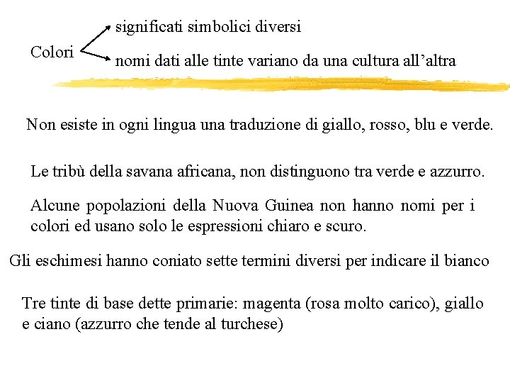 significati simbolici diversi Colori nomi dati alle tinte variano da una cultura all’altra Non