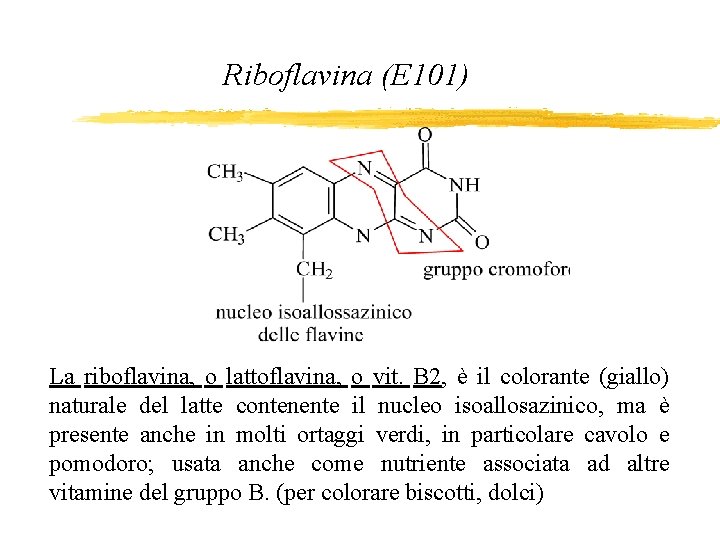 Riboflavina (E 101) La riboflavina, o lattoflavina, o vit. B 2, è il colorante