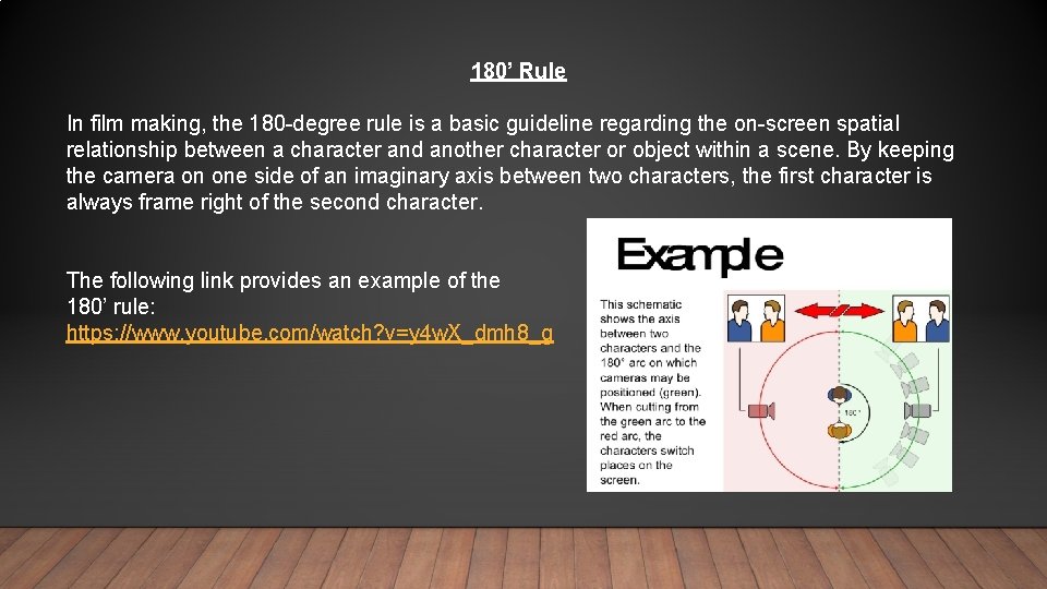 180’ Rule In film making, the 180 -degree rule is a basic guideline regarding