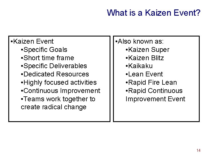 What is a Kaizen Event? • Kaizen Event • Specific Goals • Short time