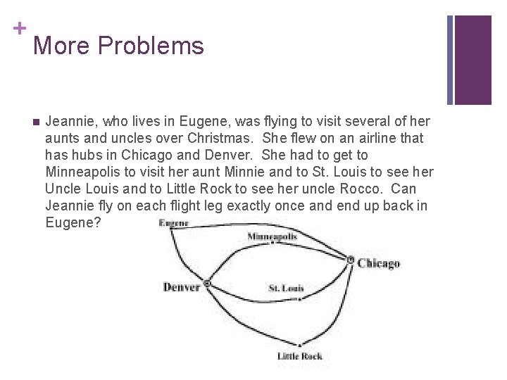 + More Problems n Jeannie, who lives in Eugene, was flying to visit several