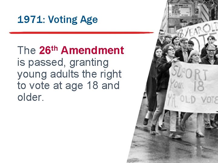 1971: Voting Age The 26 th Amendment is passed, granting young adults the right