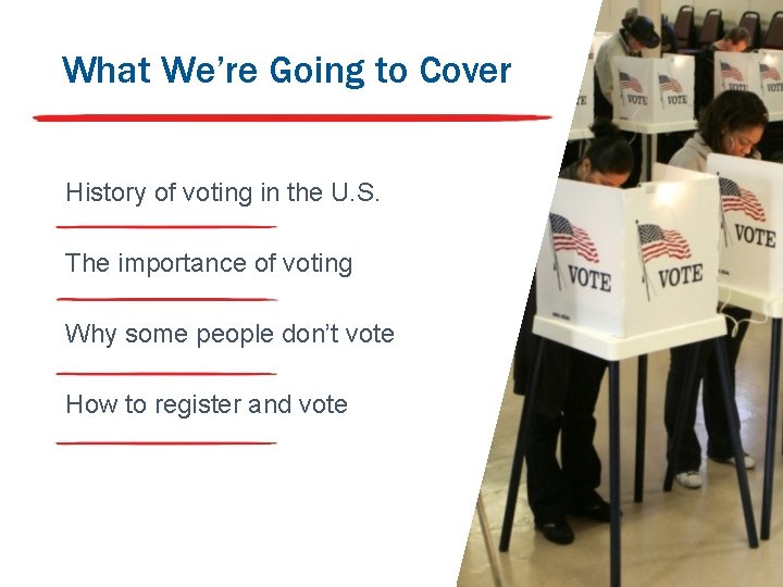 What We’re Going to Cover History of voting in the U. S. The importance