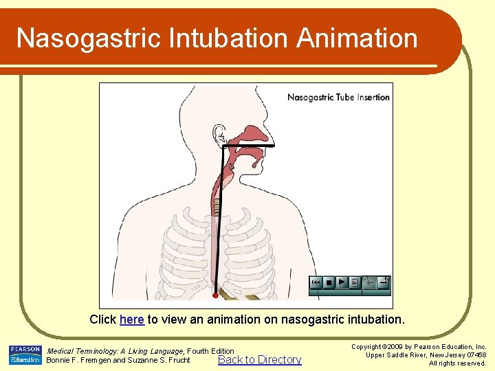 Nasogastric Intubation Animation Click here to view an animation on nasogastric intubation. Medical Terminology: