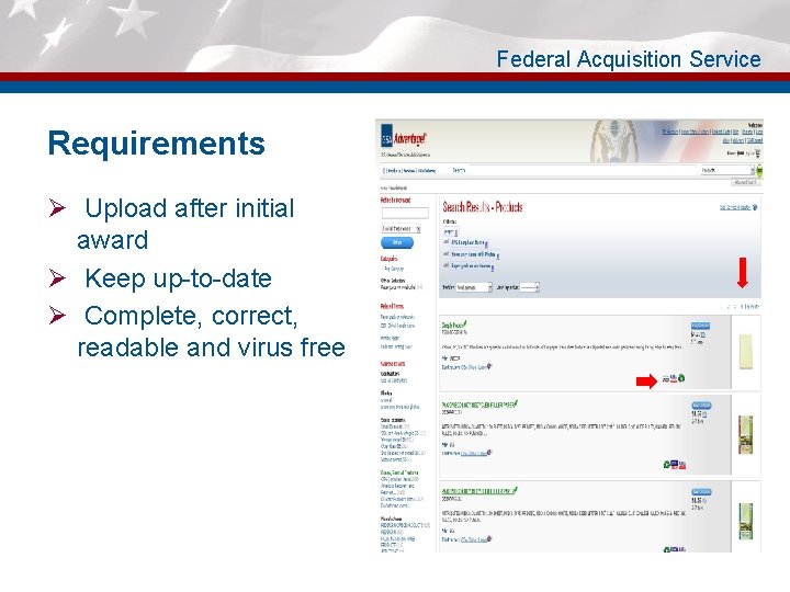 Federal Acquisition Service Requirements Ø Upload after initial award Ø Keep up-to-date Ø Complete,