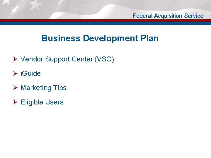 Federal Acquisition Service Business Development Plan Ø Vendor Support Center (VSC) Ø i. Guide
