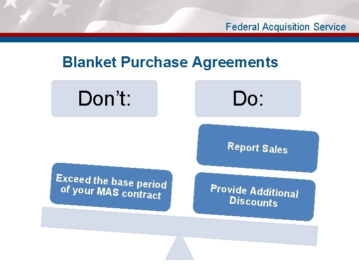 Federal Acquisition Service Blanket Purchase Agreements Don’t: Do: Report Sales Exceed the bas e