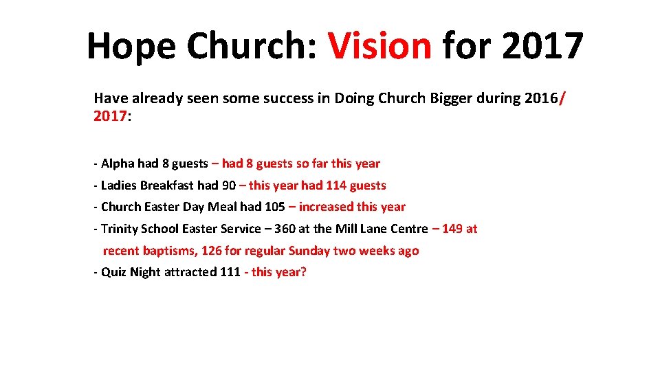 Hope Church: Vision for 2017 Have already seen some success in Doing Church Bigger