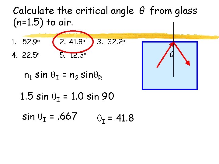Calculate the critical angle θ from glass (n=1. 5) to air. 1. 52. 9 Calculate the critical angle θ from glass (n=1. 5) to air. 1. 52. 9