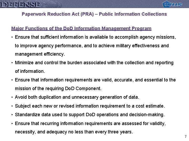 Paperwork Reduction Act (PRA) – Public Information Collections Major Functions of the Do. D