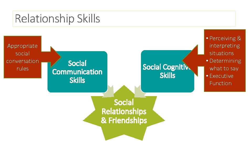 Relationship Skills Appropriate social conversation rules Social Communication Skills Social Cognitive Skills Social Relationships