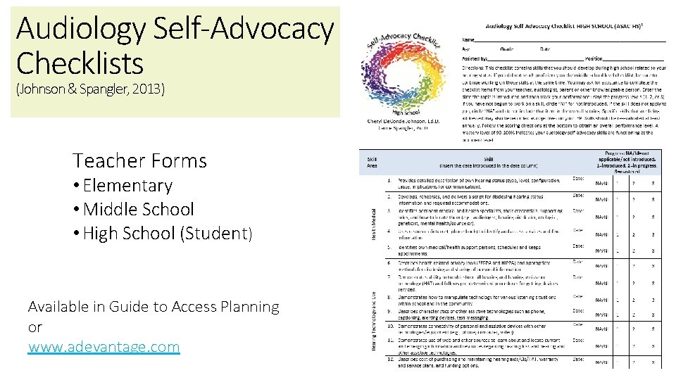 Audiology Self-Advocacy Checklists (Johnson & Spangler, 2013) Teacher Forms • Elementary • Middle School