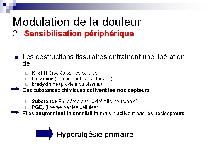 Modulation de la douleur 2. Sensibilisation périphérique n Les destructions tissulaires entraînent une libération Modulation de la douleur 2. Sensibilisation périphérique n Les destructions tissulaires entraînent une libération