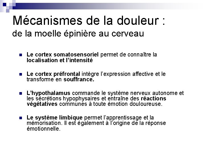 Mécanismes de la douleur : de la moelle épinière au cerveau n Le cortex Mécanismes de la douleur : de la moelle épinière au cerveau n Le cortex