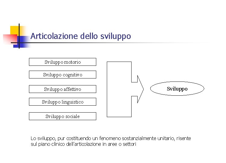 Articolazione dello sviluppo Sviluppo motorio Sviluppo cognitivo Sviluppo affettivo Sviluppo linguistico Sviluppo sociale Lo