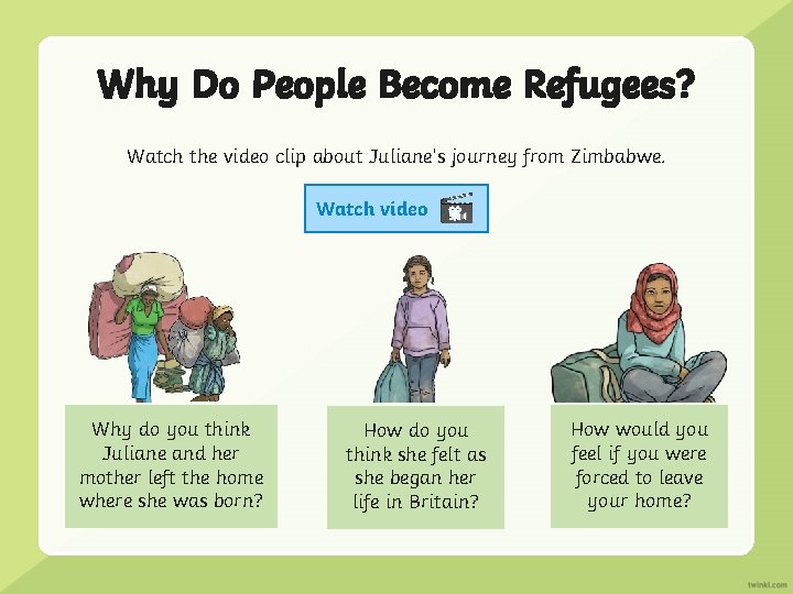 Why Do People Become Refugees? Watch the video clip about Juliane’s journey from Zimbabwe.