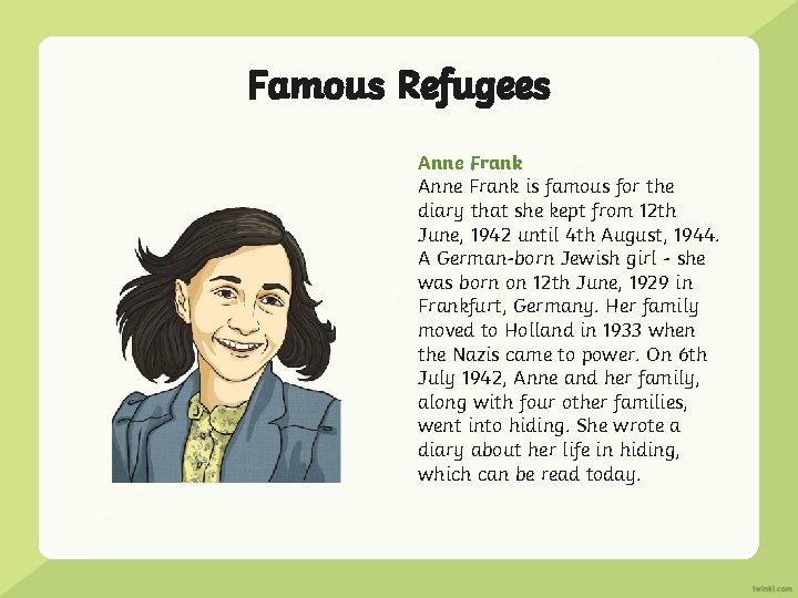 Famous Refugees Anne Frank is famous for the diary that she kept from 12