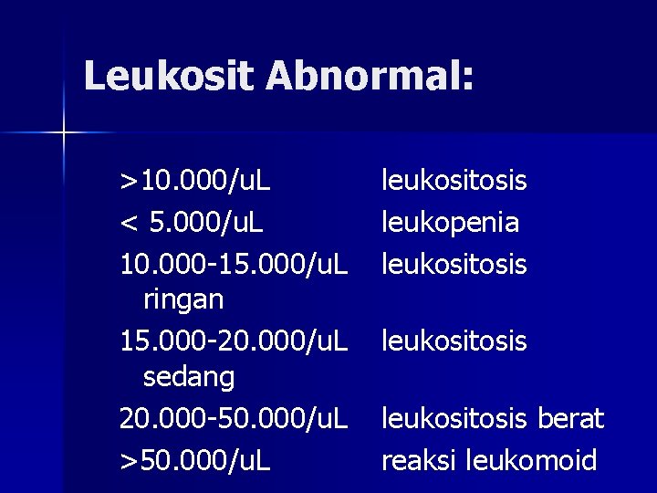 Leukosit Abnormal: >10. 000/u. L < 5. 000/u. L 10. 000 -15. 000/u. L