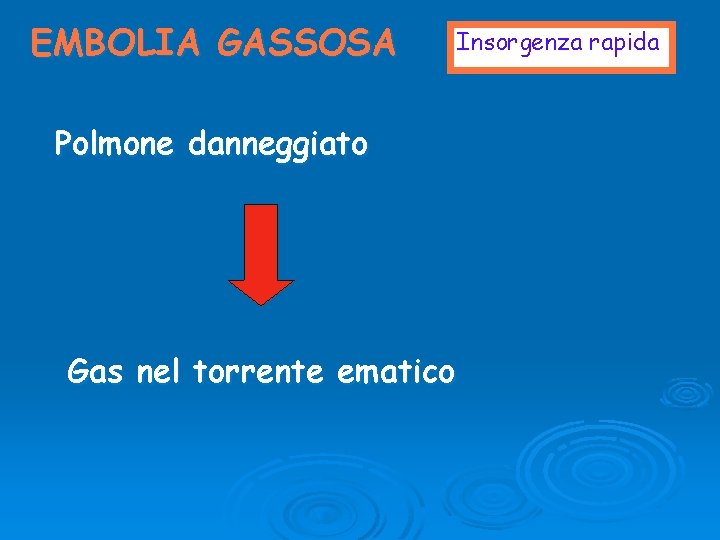 EMBOLIA GASSOSA Polmone danneggiato Gas nel torrente ematico Insorgenza rapida 