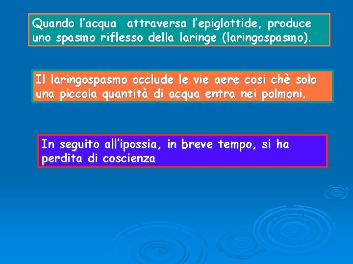 Quando l’acqua attraversa l’epiglottide, produce uno spasmo riflesso della laringe (laringospasmo). Il laringospasmo occlude