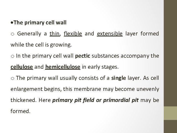  The primary cell wall o Generally a thin, flexible and extensible layer formed