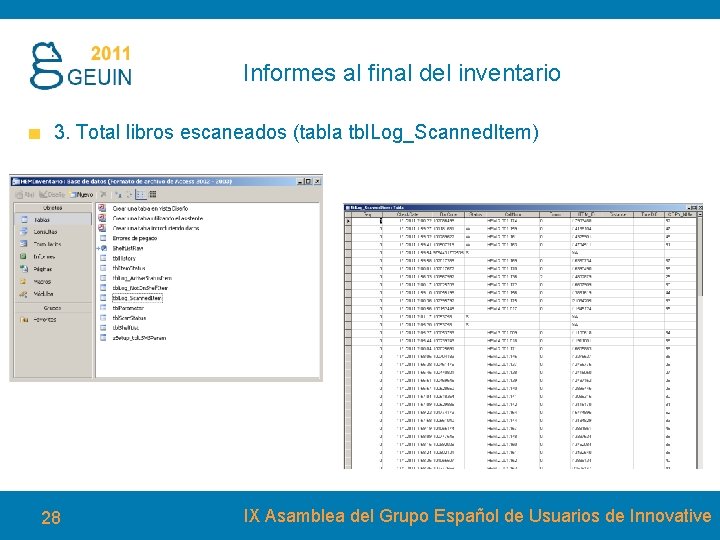 Informes al final del inventario 3. Total libros escaneados (tabla tbl. Log_Scanned. Item) 28 Informes al final del inventario 3. Total libros escaneados (tabla tbl. Log_Scanned. Item) 28