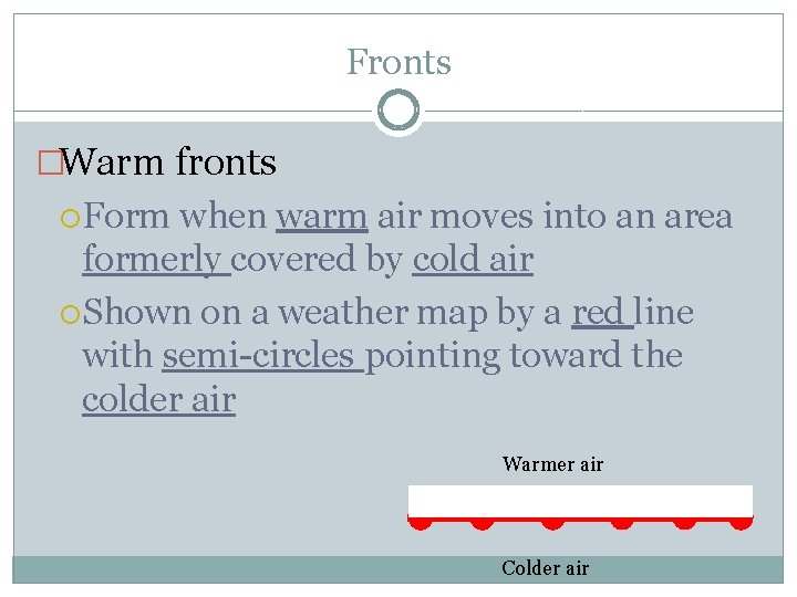 Fronts �Warm fronts Form when warm air moves into an area formerly covered by