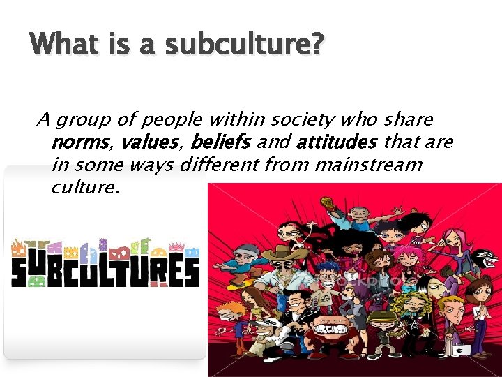 What is a subculture? A group of people within society who share norms, values,