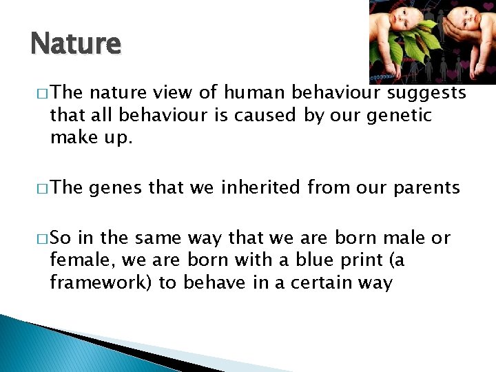 Nature � The nature view of human behaviour suggests that all behaviour is caused