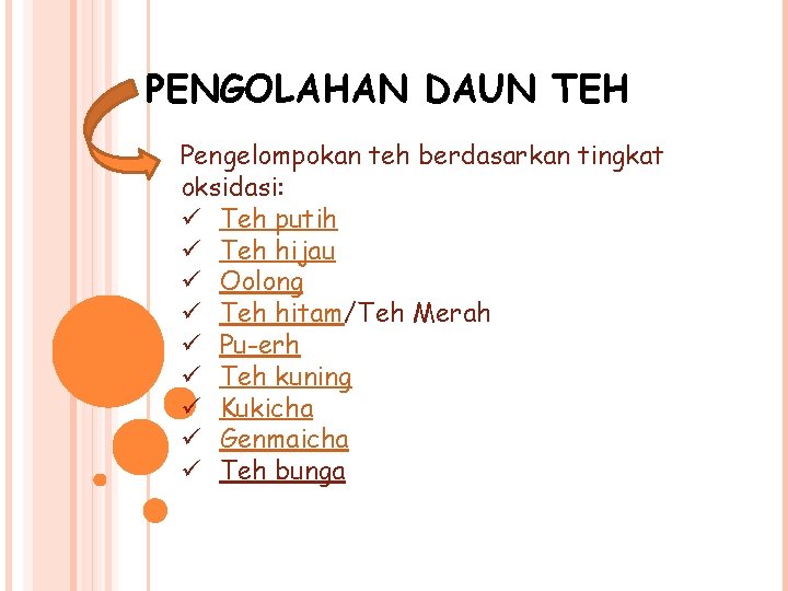 PENGOLAHAN DAUN TEH Pengelompokan teh berdasarkan tingkat oksidasi: ü Teh putih ü Teh hijau