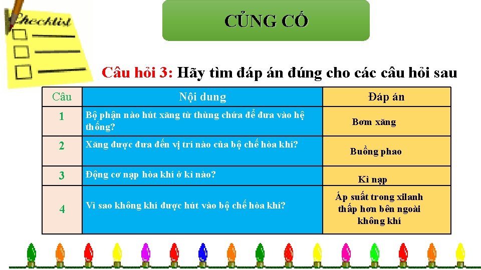 CỦNG CỐ Chọn câu trả lời đúng: Câu hỏi 3: Hãy tìm đáp án