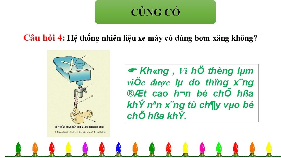 CỦNG CỐ Chọn câu trả lời đúng: Câu hỏi 4: Hệ thống nhiên liệu