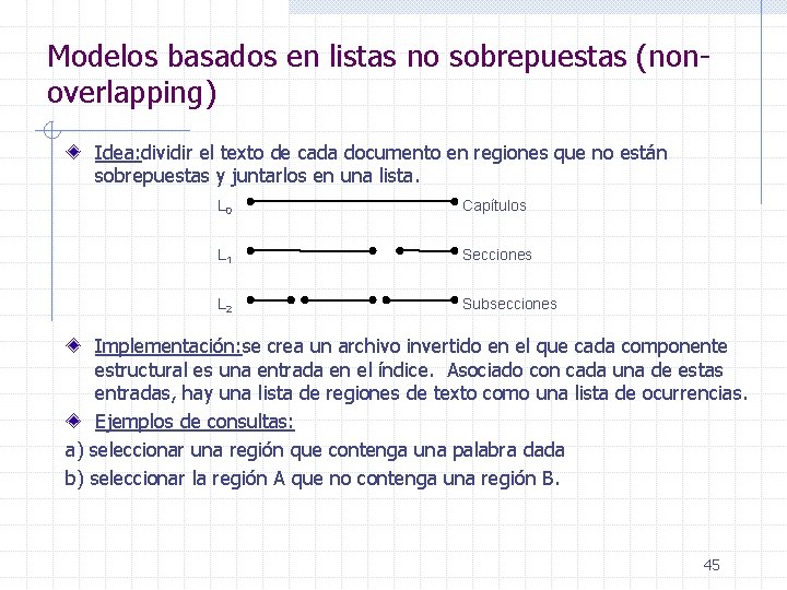 Modelos basados en listas no sobrepuestas (nonoverlapping) Idea: dividir el texto de cada documento