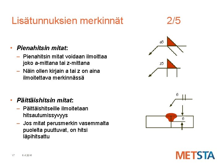 Lisätunnuksien merkinnät 2/5 a 5 • Pienahitsin mitat: – Pienahitsin mitat voidaan ilmoittaa joko Lisätunnuksien merkinnät 2/5 a 5 • Pienahitsin mitat: – Pienahitsin mitat voidaan ilmoittaa joko