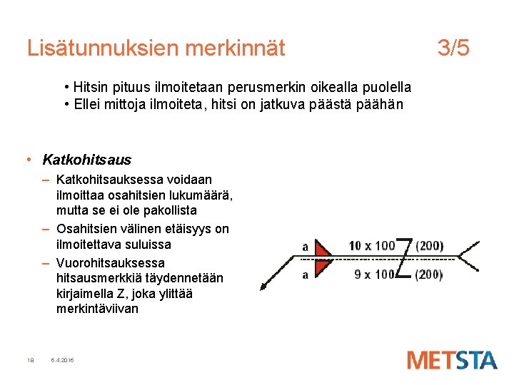 Lisätunnuksien merkinnät • Hitsin pituus ilmoitetaan perusmerkin oikealla puolella • Ellei mittoja ilmoiteta, hitsi Lisätunnuksien merkinnät • Hitsin pituus ilmoitetaan perusmerkin oikealla puolella • Ellei mittoja ilmoiteta, hitsi