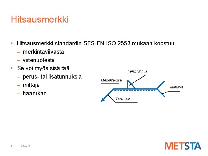 Hitsausmerkki • Hitsausmerkki standardin SFS-EN ISO 2553 mukaan koostuu – merkintäviivasta – viitenuolesta • Hitsausmerkki • Hitsausmerkki standardin SFS-EN ISO 2553 mukaan koostuu – merkintäviivasta – viitenuolesta •