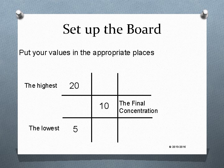 Set up the Board Put your values in the appropriate places The highest 20