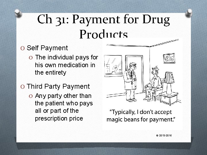 Ch 31: Payment for Drug Products O Self Payment O The individual pays for