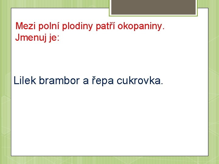 Mezi polní plodiny patří okopaniny. Jmenuj je: Lilek brambor a řepa cukrovka. 