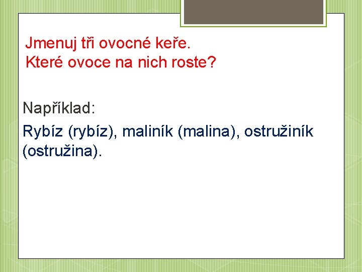 Jmenuj tři ovocné keře. Které ovoce na nich roste? Například: Rybíz (rybíz), maliník (malina),