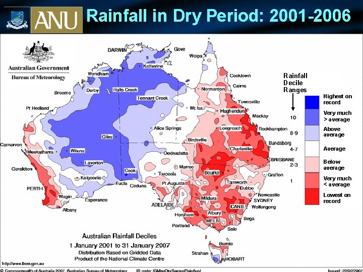 Rainfall in Dry Period: 2001 -2006 Rainfall Decile Ranges Highest on record Very much