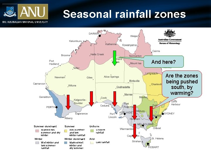 Seasonal rainfall zones And here? Are the zones being pushed south, by warming? Summer