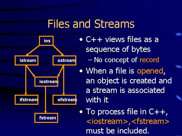 Files and Streams • C++ views files as a sequence of bytes ios istream