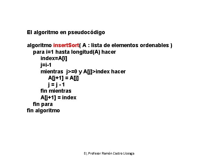 El algoritmo en pseudocódigo algoritmo insert. Sort( A : lista de elementos ordenables )
