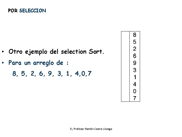 POR SELECCION • Otro ejemplo del selection Sort. • Para un arreglo de :