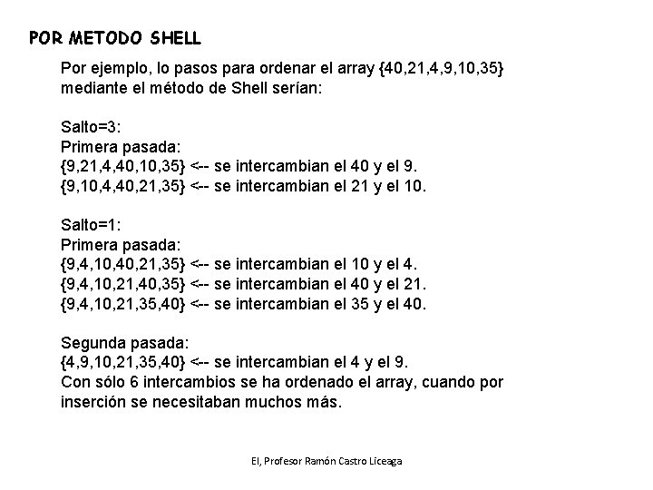 POR METODO SHELL Por ejemplo, lo pasos para ordenar el array {40, 21, 4,