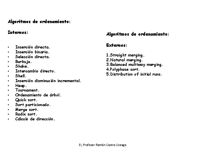 Algoritmos de ordenamiento: Internos: • • • • Algoritmos de ordenamiento: Inserción directa. Inserción
